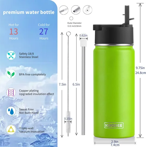 Vista 4 de koodee Botella de agua de 16 onzas, paquete de 2 botellas de agua aisladas de acero inoxidable con pajilla, botella de agua metálica reutilizable