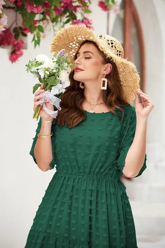 Vista 3 de IN'VOLAND Vestido de gasa con lunares suizos para mujer, talla grande, de gasa, de manga corta, cintura alta, acampanado, con volantes, vestido midi