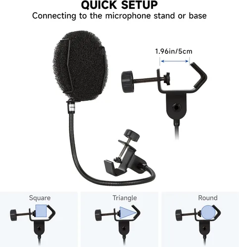 Vista 6 de Filtro pop para micrófono: pantalla de viento pop en capas de esponja con cuello de cisne flexible mejorado de 360°