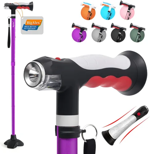 Vista 9 de BigAlex Bastón plegable con dos luces LED para ancianos, base sólida, bastón ajustable con bolsa de transporte para hombres y mujeres Negro