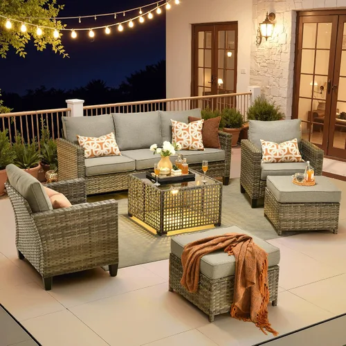 Vista 47 de ovios Juego de muebles de patio de 4 piezas con sofá de exterior, luces solares, mesa, cojines cómodos, sofá de conversación de mimbre de ratán