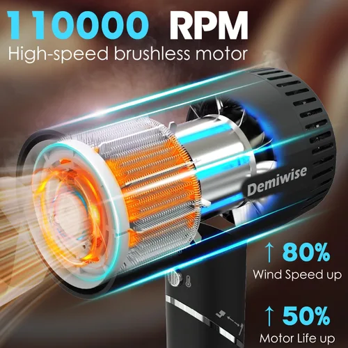 Vista 2 de Secador de pelo de alta velocidad de 110000 RPM para cabello rizado, secador icónico de bajo ruido de 1400 W con difusor y boquilla, secado rápido