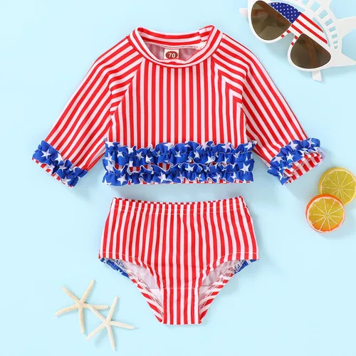 Vista 7 de SEVEN YOUNG Traje de baño de manga larga para bebé, bikini de playa, con volantes, rayas, traje de baño de dos piezas, 3M-3T