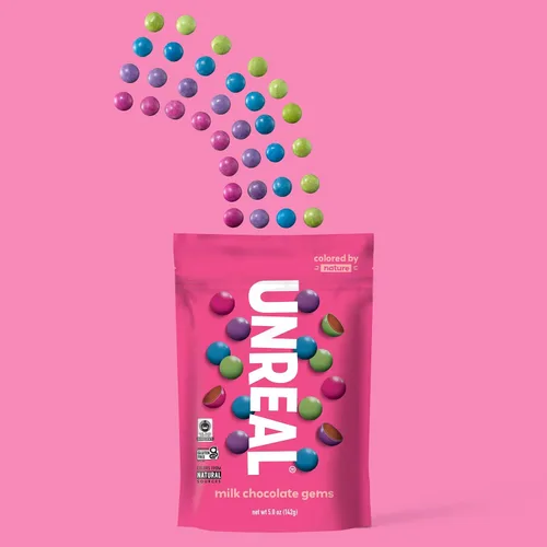 Vista 6 de UNREAL Gemas de chocolate con leche, certificado de comercio justo, sin OMG, fabricadas con ingredientes y colores sin gluten de la naturaleza, sin