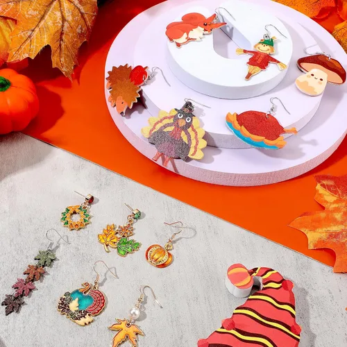 Vista 2 de 12 pares de aretes de Acción de Gracias a granel, calabaza, pavo, aretes colgantes para Acción de Gracias, joyas de otoño para mujeres y niñas