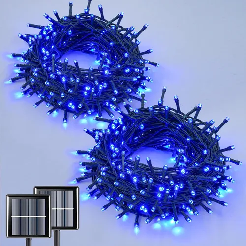 Vista 10 de QITONG Paquete de 2 luces solares azules y blancas de Navidad, cada cadena de 200 luces LED solares de 66 pies para exteriores, impermeable, 8 modos