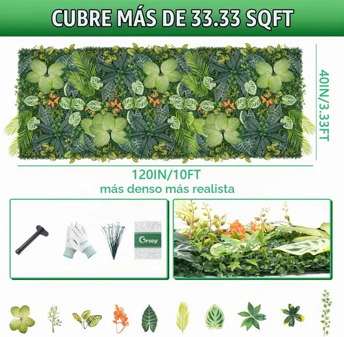 Vista 2 de Grooy Pared de césped artificial de 40 x 120 pulgadas (33.33 pies cuadrados), pared de fondo de vegetación con paneles de césped falso antirayos UV