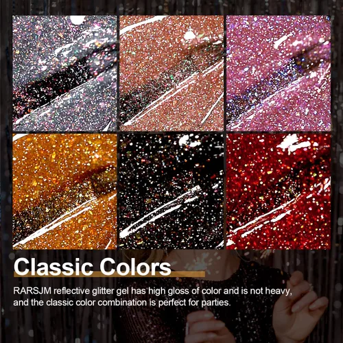 Vista 4 de RARJSM Juego de esmaltes de uñas de gel con purpurina reflectante, 6 colores brillantes plateados, champán, dorado, rosa, naranja, negro, rojo