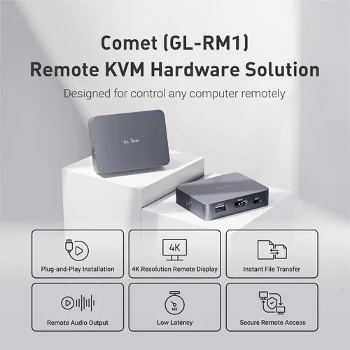 Vista 2 de GL.iNet Comet (GL-RM1) KVM Remoto a Través de Internet, 4K@30Hz con Soporte Tailscale, Teclado, Video, Mouse Remotos, Instalación de SO Vía Control