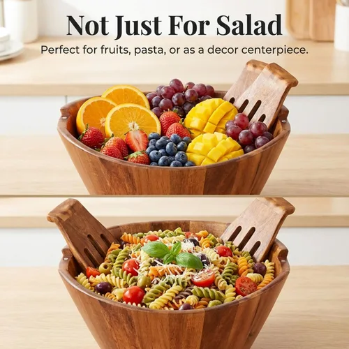 Vista 6 de Night Tree Ensaladera grande de madera con tenedores para servir, juego de ensaladera de madera para alimentos o frutas, utensilios magnéticos aptos