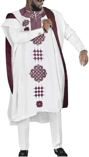 Vista 10 de HD Ropa Africana para Hombre Agbada con Bordado, Conjunto de Camiseta y Pantalón Dashiki 3 Piezas Blanco-g
