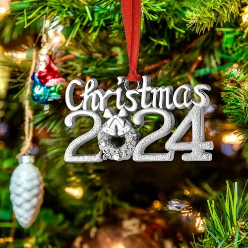 Vista 5 de Adorno de Navidad con fecha 2024, adorno anual plateado para árbol de Navidad con cinta para decoración de árbol de Navidad, colgante decorativo