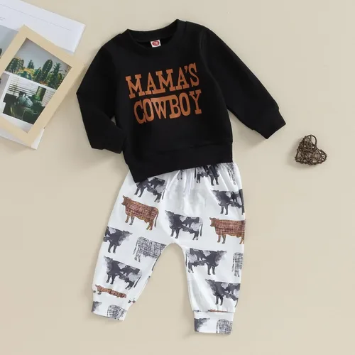 Vista 2 de Omkzanbi 2 piezas de ropa de otoño e invierno para bebé, sudadera de manga larga con cuello redondo, pantalones deportivos para el oeste