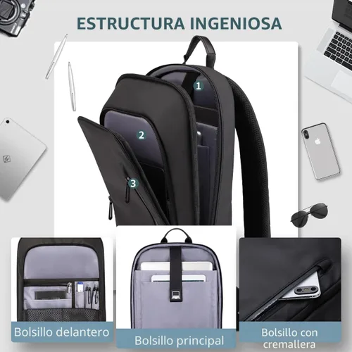 Vista 3 de Mochila hk para Hombre de Negocios, Mochila Delgada con Cargador USB, Mochila para Computadora, Ligera, Antirrobo, para Viaje, Negro, 15,6 pulg.