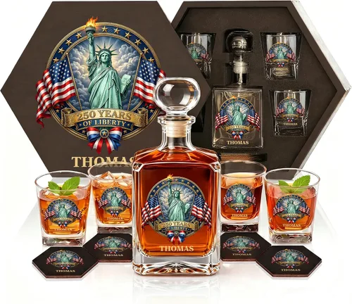 Vista 11 de Juego de decantadores de whisky personalizados para hombres, para el hogar, bar, decantadores de licor personalizados, caja de madera, vasos