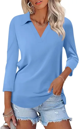 Vista 22 de TICTICMISS - Camisas polo de cuello en V para mujer, manga 3/4, con cuello, tops casuales de negocios, tops de verano a la moda, holgados