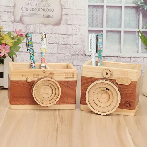 Vista 7 de BestAlice Soporte para lápices de madera para cámara, soporte para bolígrafo de escritorio, accesorios de escritorio retro, decoración