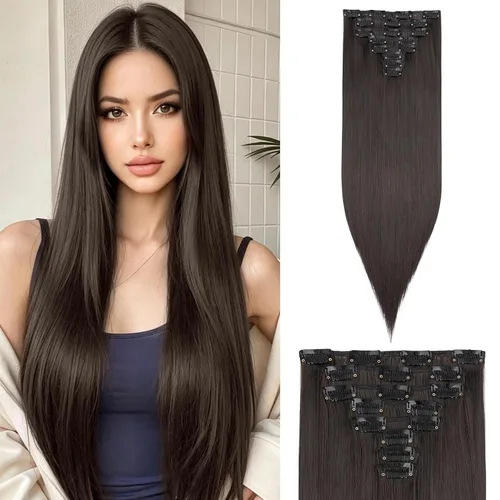 Vista 35 de S-noilite 8 piezas de extensiones de cabello largo con clip para mujer, extensiones de cabello sintético de doble trama, 18 pulgadas, #12H24 Honey