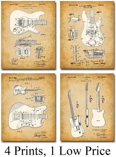 Vista 9 de Juego de cuatro fotos (8 x 10) para decoración de pared, cuadros de guitarra Fender de 8 x 10 pulgadas, imágenes de pared de guitarra, gran póster