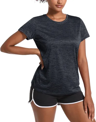 Vista 3 de MAGCOMSEN Camisetas de entrenamiento para mujer, cuello redondo, manga corta, ligeras, suaves, para deportes, fitness, ejercicio, yoga