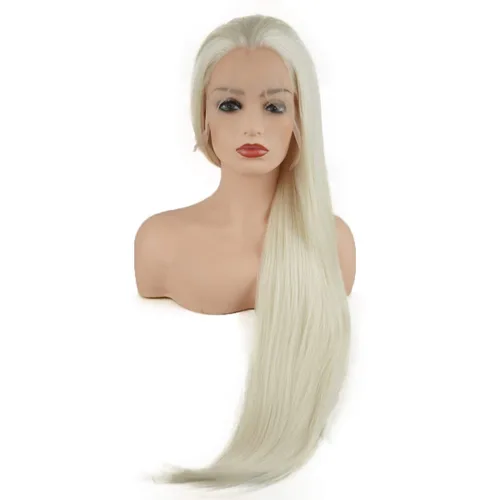 Vista 4 de Pelucas de cabello liso súper largo de 28 pulgadas, mezcla de rubio claro blanco, densidad pesada, pelucas sintéticas con encaje frontal