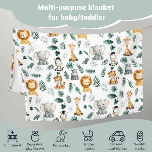 Vista 6 de HawSkgFub Mantas de bebé de animales de la selva safari para niños, regalo de ducha, franela de franela de hoja de palma tropical, cama