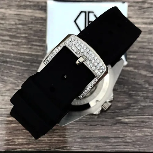 Vista 5 de Reloj de pulsera automático de acero inoxidable con diamantes brillantes helados, BlancoDorado, 40mm
