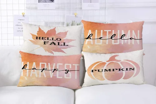 Vista 2 de Juego de 4 fundas de almohada de otoño de 12 x 20 pulgadas, diseño de calabaza y hoja de arce con texto en inglés "Hello Fall Happy Harvest