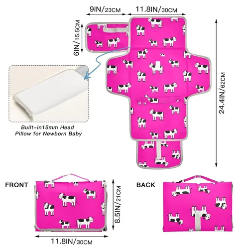 Vista 4 de Cows Portable Changing Pad with Built-in Pillow, Waterproof Foldable Baby Diaper Changing Pads, Diaper Mat for Boys and Girls