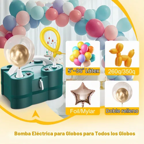 Vista 2 de Bomba de globos, bombas de globo eléctricas 3 en 1, soplador de globos con puertos de inflado triples para inflar globos de látex de 260q
