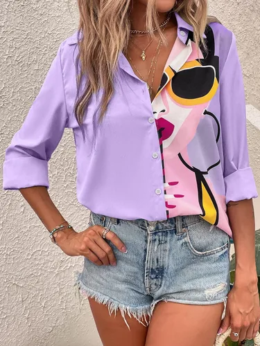 Vista 6 de SHENHE Camisa de manga larga con cuello para mujer, con estampado de figuras coloridas