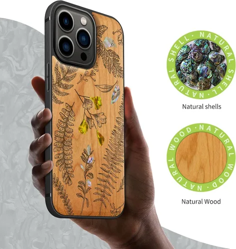 Vista 2 de Carveit Funda protectora de madera de diseñador para iPhone 13 Pro, grabado en madera e incrustaciones de concha, compatible con 13 Pro MagSafe