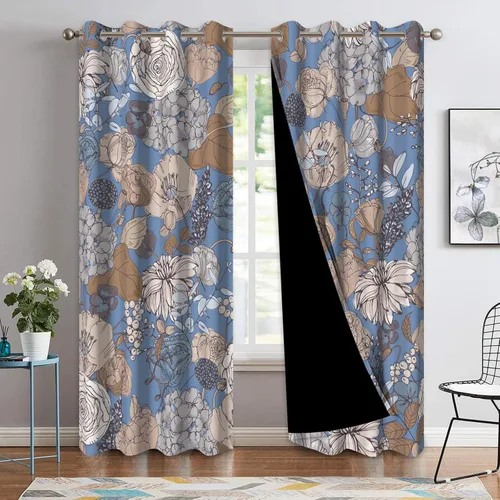 Vista 2 de Cortinas opacas bohemias para dormitorio, cortinas modernas de mediados de siglo color azul, cortinas térmicas con ojales para oscurecer