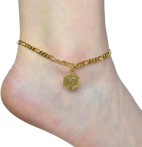 Vista 4 de Tobilleras con iniciales unisex, pulsera de eslabones cubanos chapadas en plata y oro de 18 quilates para mujeres y niñas, tobillera dorada