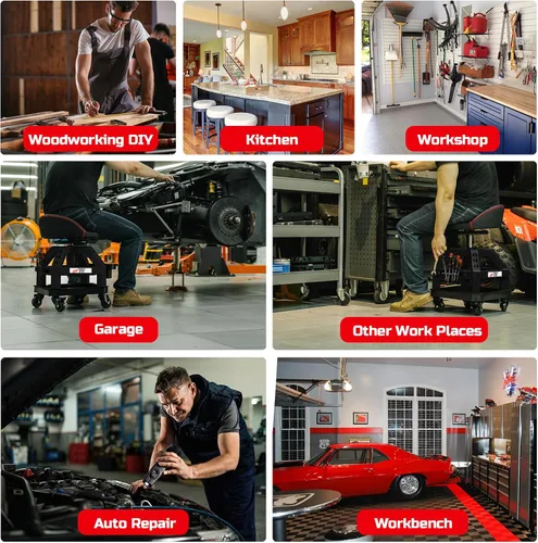 Vista 6 de Rolling Shop Taburete para garaje con ruedas, DO02 - Asiento giratorio de 360° de altura ajustable con almacenamiento de bandeja de herramientas