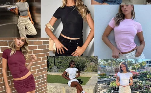 Vista 4 de Dwnval Camisetas básicas sexys para mujer, blusas de verano de manga corta con cuello redondo y ajuste entallado