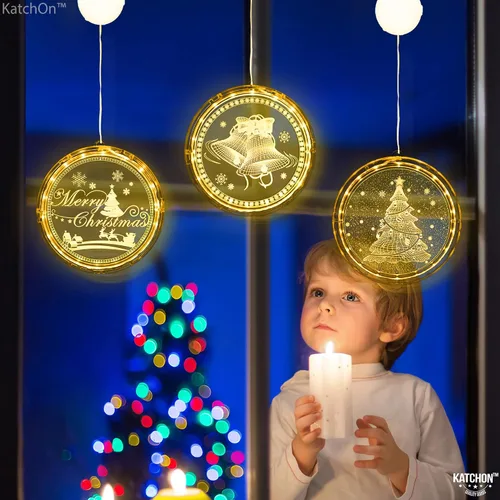 Vista 5 de KatchOn, Decoraciones navideñas iluminadas para ventanas de interiores, paquete de 3 unidades, Papá Noel, renos y árbol de Navidad para decoración