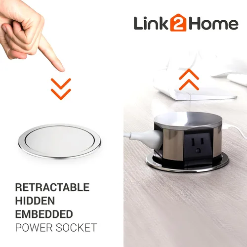 Vista 3 de Link2Home Salida emergente ahorradora de espacio, 3 tomas de corriente de 15 amperios, 2 puertos USB de 2.4 amperios, protección contra sobrecarga