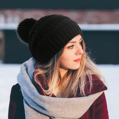 Vista 6 de Beanies Women with Pom, Winter Hats for Women with Thick Warm Fleece Lining Cold Weather, Beanie Hats for Women Knit Slouchy