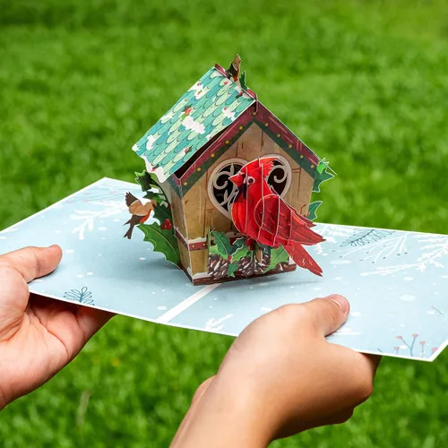 Vista 3 de Frndly by Paper Love Bird House Tarjeta de Navidad Pop Up, Tarjetas de Felicitación Emergentes 3D Hechas a Mano, Para Navidad o Días Festivos, 100%