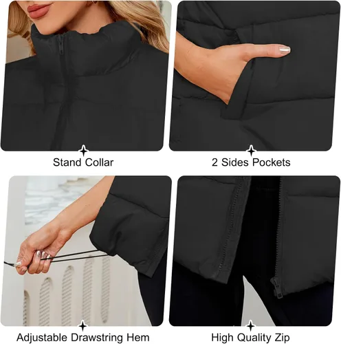 Vista 6 de Century Star Chaleco acolchado para mujer, ropa de abrigo, chaleco acolchado de gran tamaño 2024, chaquetas con bolsillos Negro