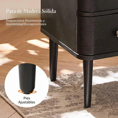 Vista 5 de HULALA HOME Mesa auxiliar moderna con estación de carga, mesa auxiliar de madera de 3 cajones con patas de madera maciza y patas ajustables, mesa