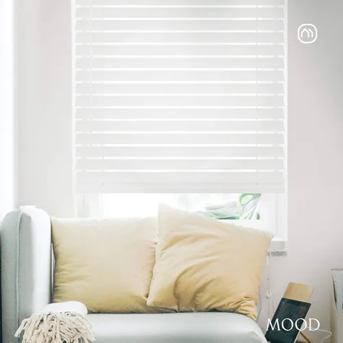 Vista 2 de MOOD Persianas de madera sintética, persianas de 68 pulgadas para ventanas, tratamiento de ventana opacas inalámbrico de 2 pulgadas, blanco cómodo