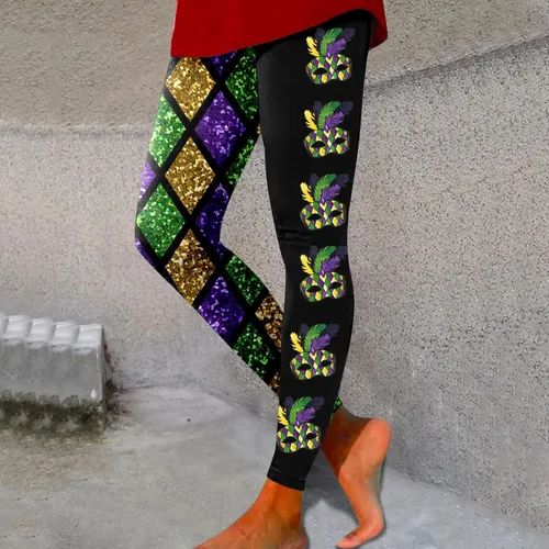 Vista 2 de Traje de Mardi Gras para mujer, leggings de Mardi Gras, con lentejuelas, bloque de color, gráfico, carnaval, festival, fiesta, pantalones de yoga