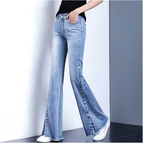 Vista 4 de BBSJ - Pantalones de mezclilla acampanados para mujer, para primavera y otoño, con abertura lateral, cintura alta, acampanados, pantalones de mujer