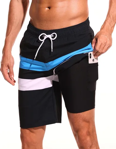 Vista 19 de Difficort - Traje de baño para hombre con forro de compresión, pantalones cortos de secado rápido con bolsillos con cremallera 1-a/ Rayas negras