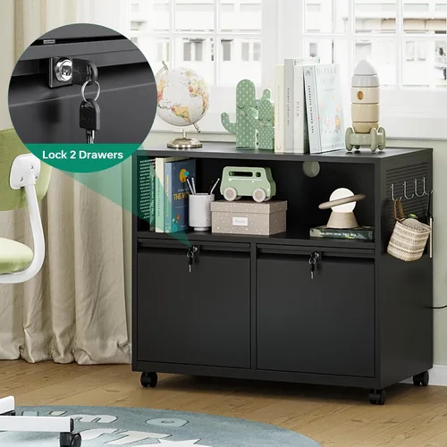 Vista 4 de Letaya Archivador móvil de 2 cajones con cerradura, soporte lateral de metal para impresora, gabinetes de almacenamiento de archivos con estantes