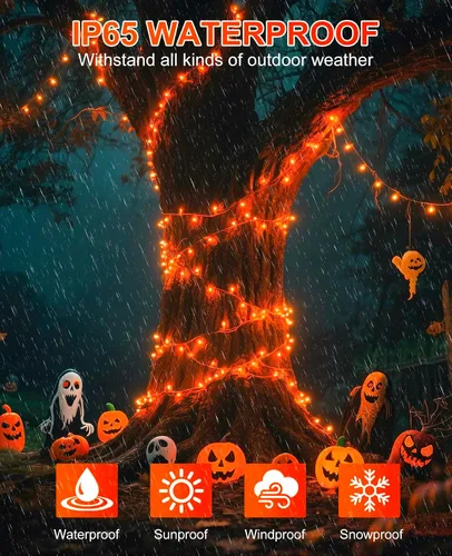 Vista 5 de 120 luces LED de Navidad de 40 pies para exteriores, guirnalda de luces de Navidad naranja impermeable, 8 modos de luces conectables para árbol