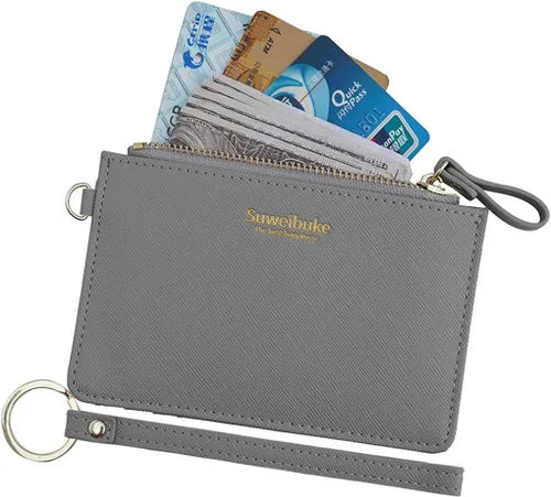 Vista 17 de Estuche Delgado para Tarjetas RFID para Mujer con Correa de Muñeca, Cartera con Cremallera para ID, Cartera de Cuero Pequeña, Monedero con Llavero