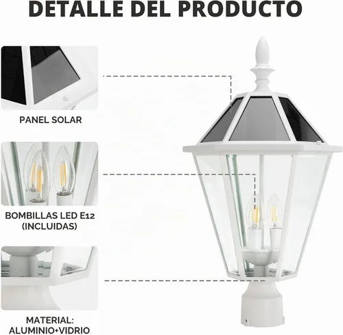 Vista 3 de LUTEC Luz de poste LED solar al aire libre, luces de calle vintage del atardecer al amanecer, 300 lm, 2700 K, luces de poste solar de aluminio Blanco